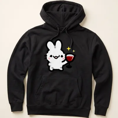 Kawaii line-art of a cute bunny holding a wine glass with colorful accents — printed on a unisex hoodie
