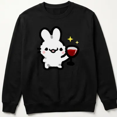 Kawaii line-art of a cute bunny holding a wine glass with colorful accents — printed on a unisex sweatshirt