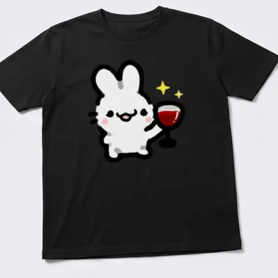 Kawaii line-art of a cute bunny holding a wine glass with colorful accents