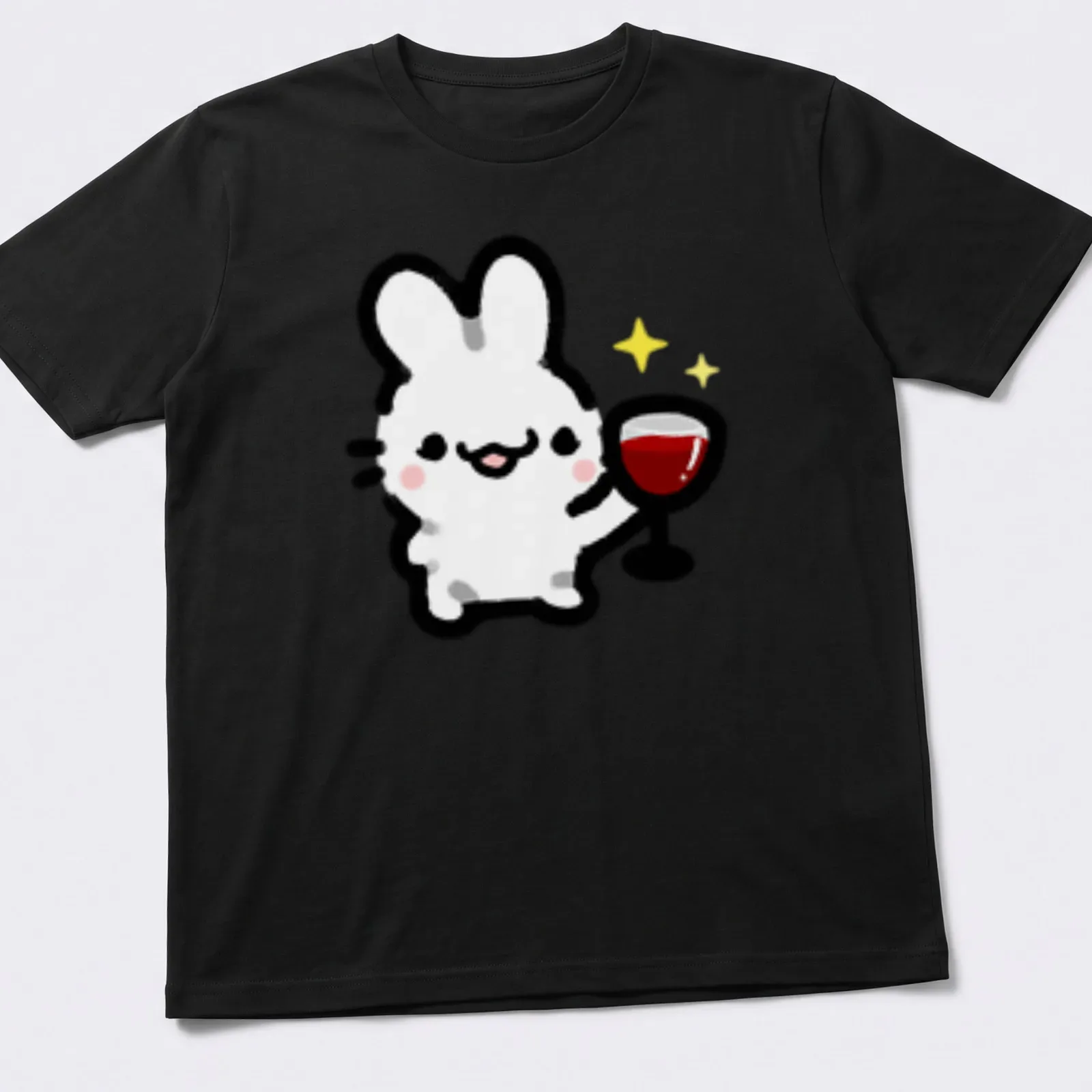 Kawaii line-art of a cute bunny holding a wine glass with colorful accents — printed on a unisex t-shirt