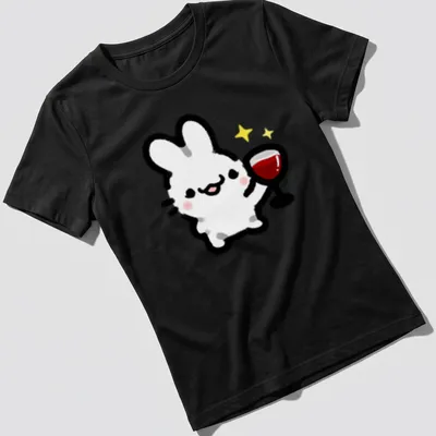 Kawaii line-art of a cute bunny holding a wine glass with colorful accents — printed on a women's shirt