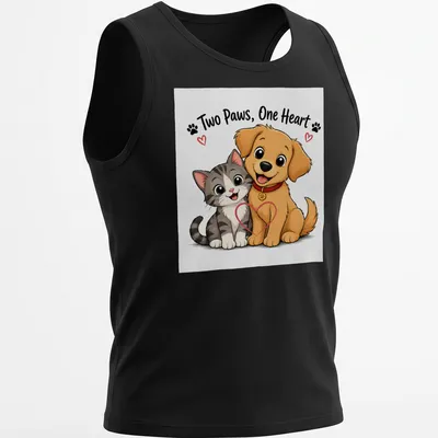 Kawaii cartoon of a cat and dog cuddling with the text 'Two Paws, One Heart' — printed on a tank top