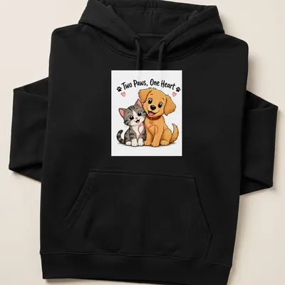 Kawaii cartoon of a cat and dog cuddling with the text 'Two Paws, One Heart' — printed on a unisex hoodie