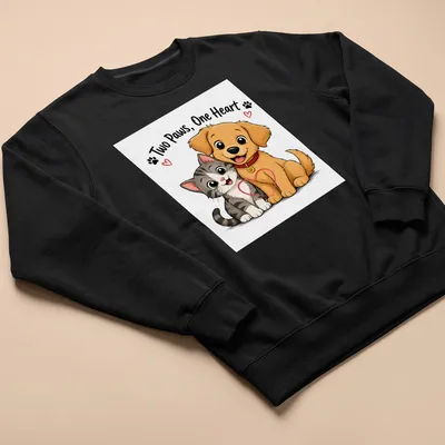 Kawaii cartoon of a cat and dog cuddling with the text 'Two Paws, One Heart' — printed on a unisex sweatshirt