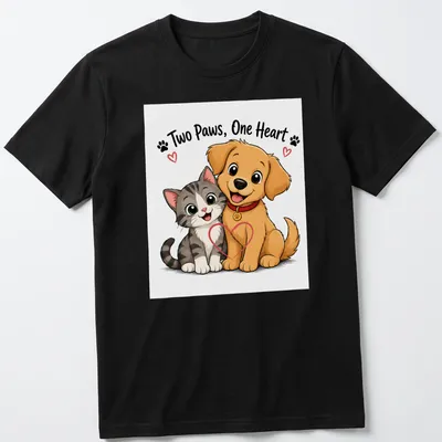 Kawaii cartoon of a cat and dog cuddling with the text 'Two Paws, One Heart'