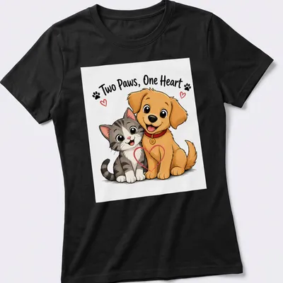 Kawaii cartoon of a cat and dog cuddling with the text 'Two Paws, One Heart' — printed on a women's shirt