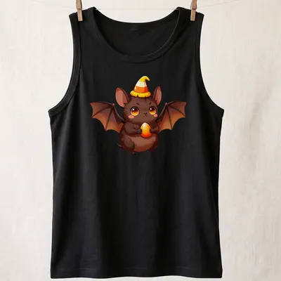 Kawaii fruit bat baby holding candy corn in warm colors — printed on a tank top