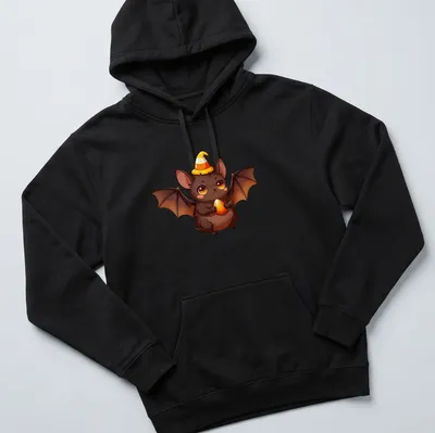Kawaii fruit bat baby holding candy corn in warm colors — printed on a unisex hoodie