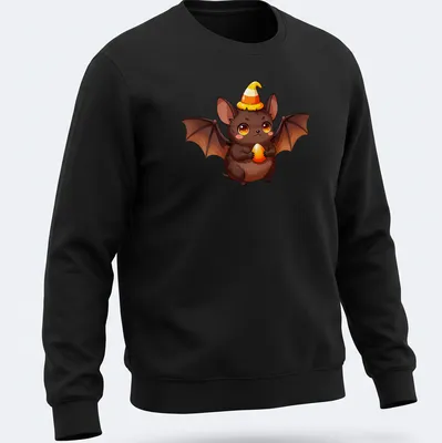 Kawaii fruit bat baby holding candy corn in warm colors — printed on a unisex sweatshirt