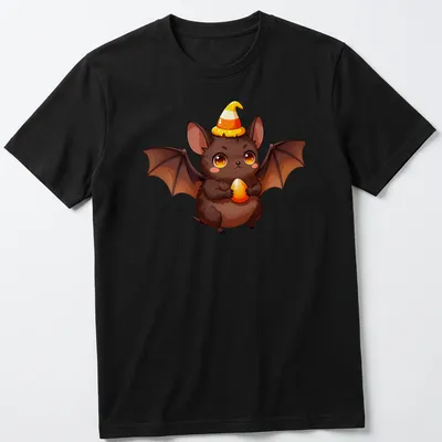Kawaii fruit bat baby holding candy corn in warm colors