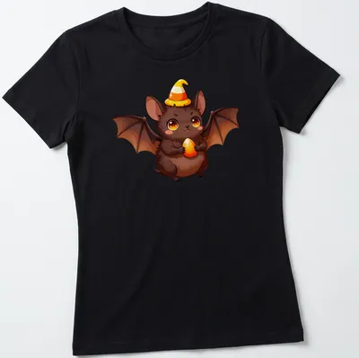 Kawaii fruit bat baby holding candy corn in warm colors — printed on a women's shirt