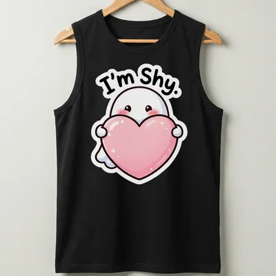 Kawaii ghost holding a heart with the text 'I'm Shy.' in pink and black — printed on a tank top