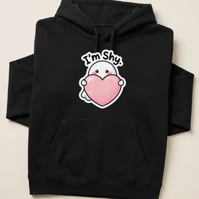 Kawaii ghost holding a heart with the text 'I'm Shy.' in pink and black — printed on a unisex hoodie