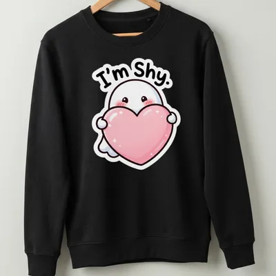 Kawaii ghost holding a heart with the text 'I'm Shy.' in pink and black — printed on a unisex sweatshirt