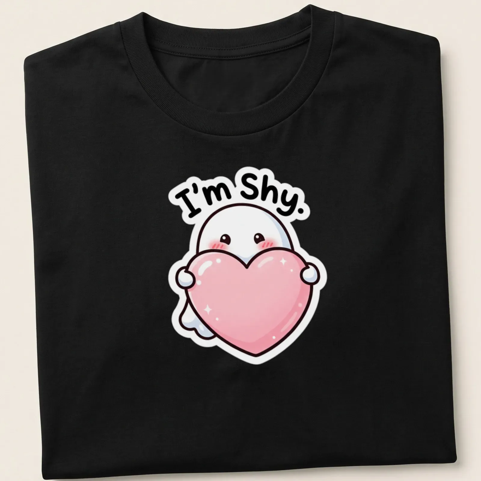 Kawaii ghost holding a heart with the text 'I'm Shy.' in pink and black — printed on a unisex t-shirt