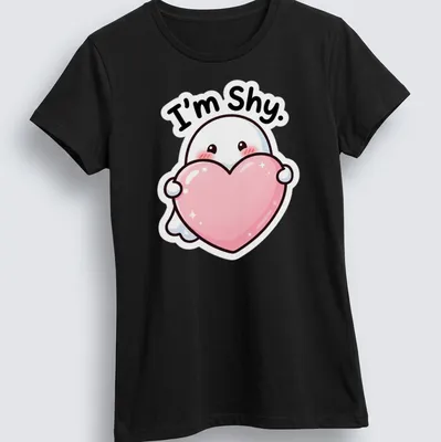 Kawaii ghost holding a heart with the text 'I'm Shy.' in pink and black — printed on a women's shirt