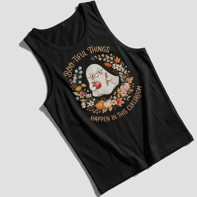 Watercolor design of a cute ghost with apple and pencil, featuring a playful quote about classrooms — printed on a tank top