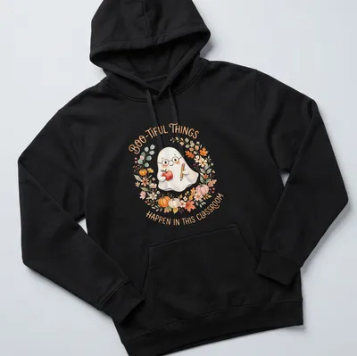 Watercolor design of a cute ghost with apple and pencil, featuring a playful quote about classrooms — printed on a unisex hoodie