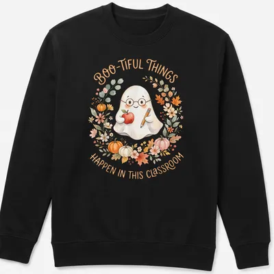 Watercolor design of a cute ghost with apple and pencil, featuring a playful quote about classrooms — printed on a unisex sweatshirt