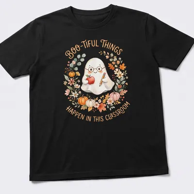 Watercolor design of a cute ghost with apple and pencil, featuring a playful quote about classrooms