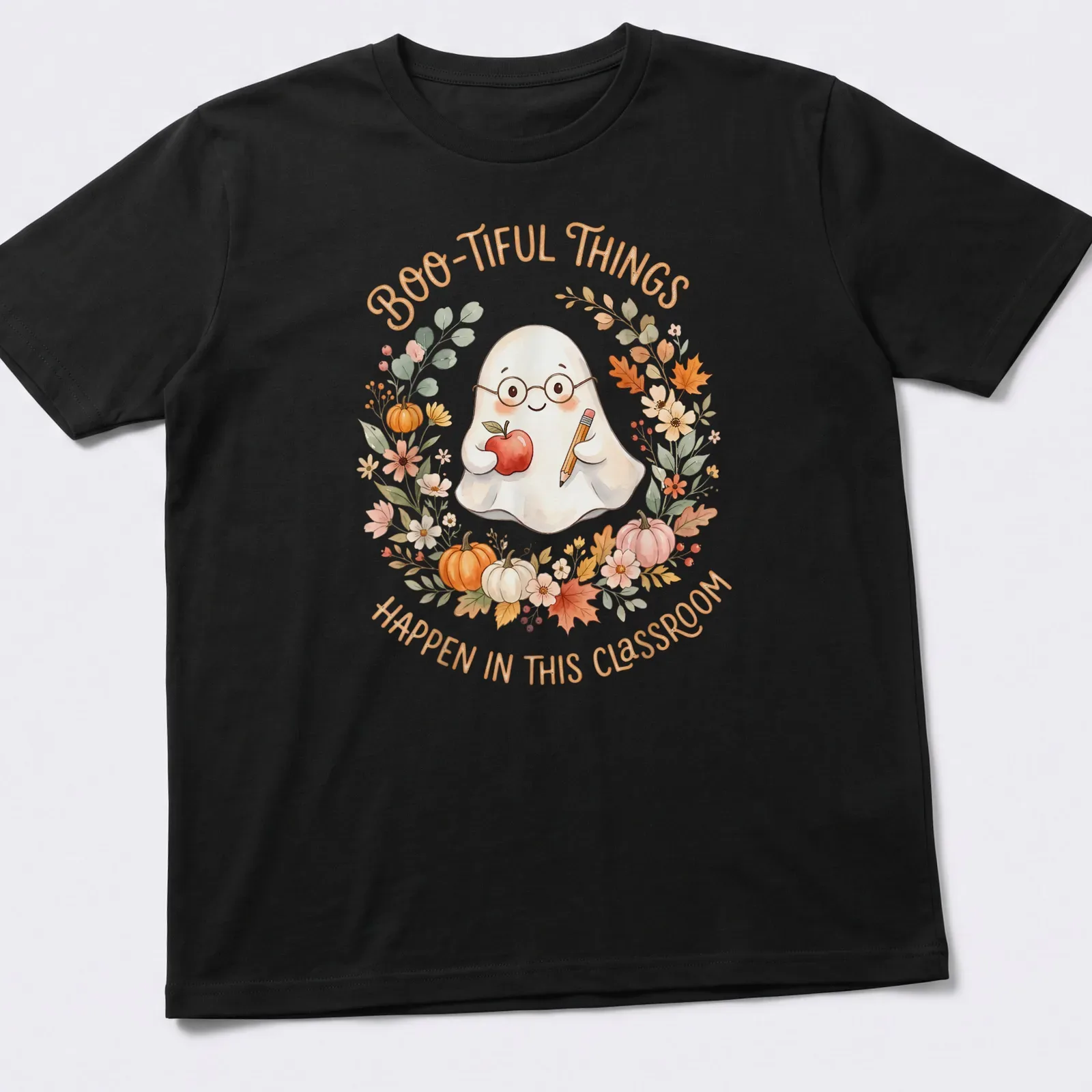 Watercolor design of a cute ghost with apple and pencil, featuring a playful quote about classrooms — printed on a unisex t-shirt