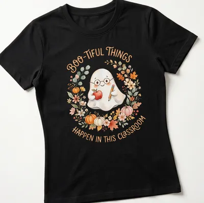 Watercolor design of a cute ghost with apple and pencil, featuring a playful quote about classrooms — printed on a women's shirt