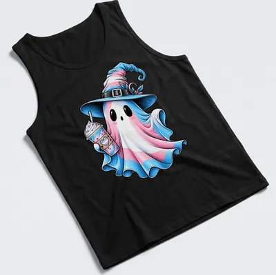 Cartoon of a cute ghost in trans pride colors holding a drink — printed on a tank top