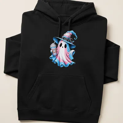 Cartoon of a cute ghost in trans pride colors holding a drink — printed on a unisex hoodie