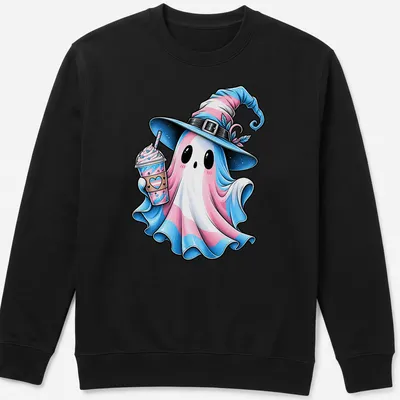 Cartoon of a cute ghost in trans pride colors holding a drink — printed on a unisex sweatshirt