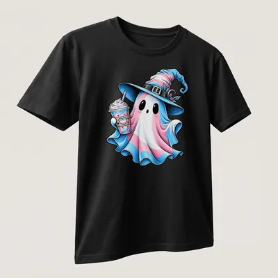 Cartoon of a cute ghost in trans pride colors holding a drink — printed on a unisex t-shirt (angled view)