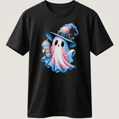 Cartoon of a cute ghost in trans pride colors holding a drink