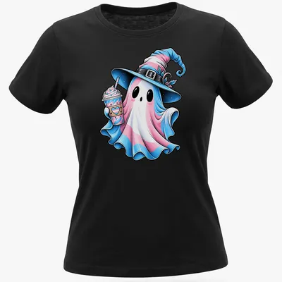 Cartoon of a cute ghost in trans pride colors holding a drink — printed on a women's shirt