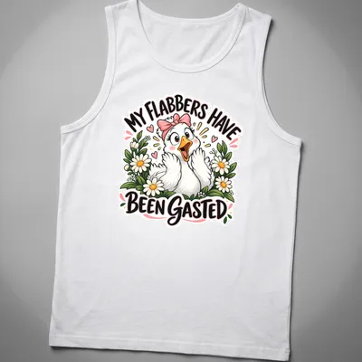 Cartoon goose surrounded by flowers with humorous text above — printed on a tank top
