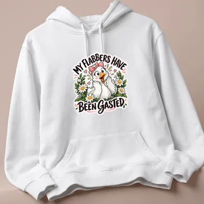 Cartoon goose surrounded by flowers with humorous text above — printed on a unisex hoodie