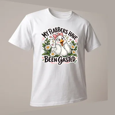 Cartoon goose surrounded by flowers with humorous text above — printed on a unisex t-shirt (angled view)