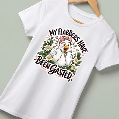 Cartoon goose surrounded by flowers with humorous text above — printed on a women's shirt