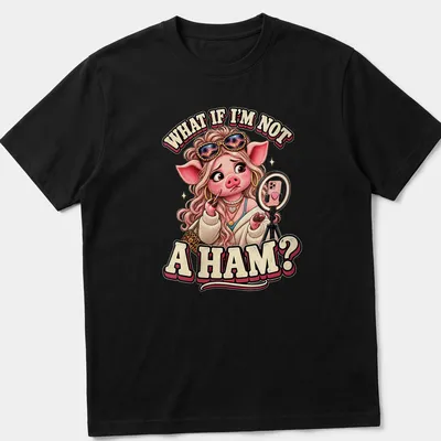 Cartoon pig applying makeup with humorous text about not being a ham