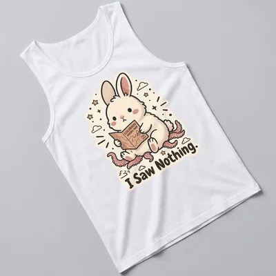 Kawaii style rabbit looking at a hiking map with the text 'I Saw Nothing.' — printed on a tank top