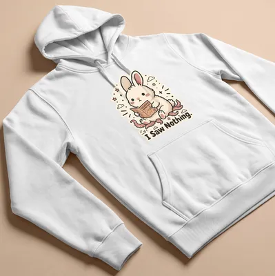 Kawaii style rabbit looking at a hiking map with the text 'I Saw Nothing.' — printed on a unisex hoodie