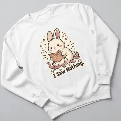 Kawaii style rabbit looking at a hiking map with the text 'I Saw Nothing.' — printed on a unisex sweatshirt