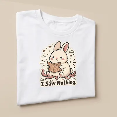 Kawaii style rabbit looking at a hiking map with the text 'I Saw Nothing.' — printed on a unisex t-shirt (angled view)