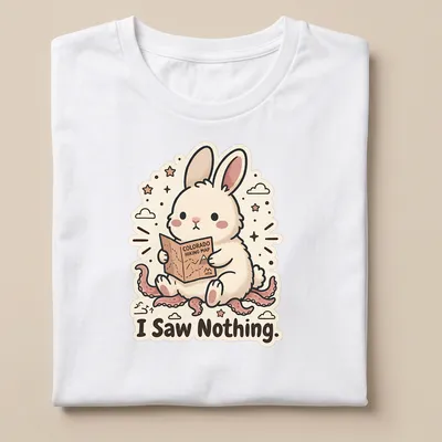 Kawaii style rabbit looking at a hiking map with the text 'I Saw Nothing.'