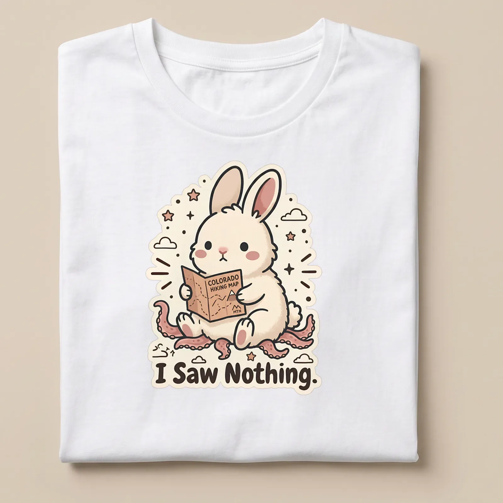 Kawaii style rabbit looking at a hiking map with the text 'I Saw Nothing.' — printed on a unisex t-shirt
