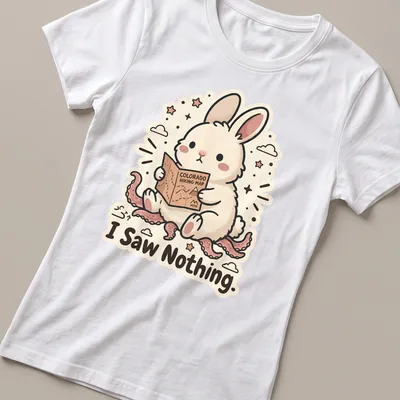 Kawaii style rabbit looking at a hiking map with the text 'I Saw Nothing.' — printed on a women's shirt