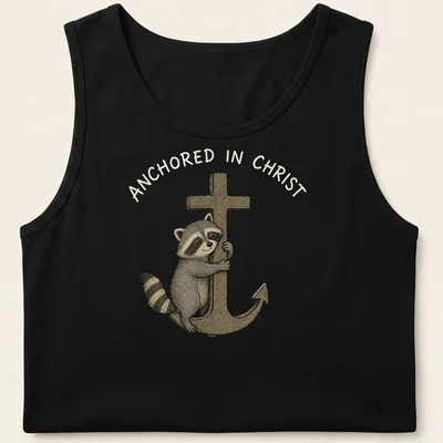 Kawaii illustration of a cute raccoon hugging an anchor with text Anchored in Christ — printed on a tank top