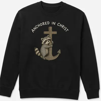 Kawaii illustration of a cute raccoon hugging an anchor with text Anchored in Christ — printed on a unisex sweatshirt
