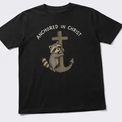 Kawaii illustration of a cute raccoon hugging an anchor with text Anchored in Christ