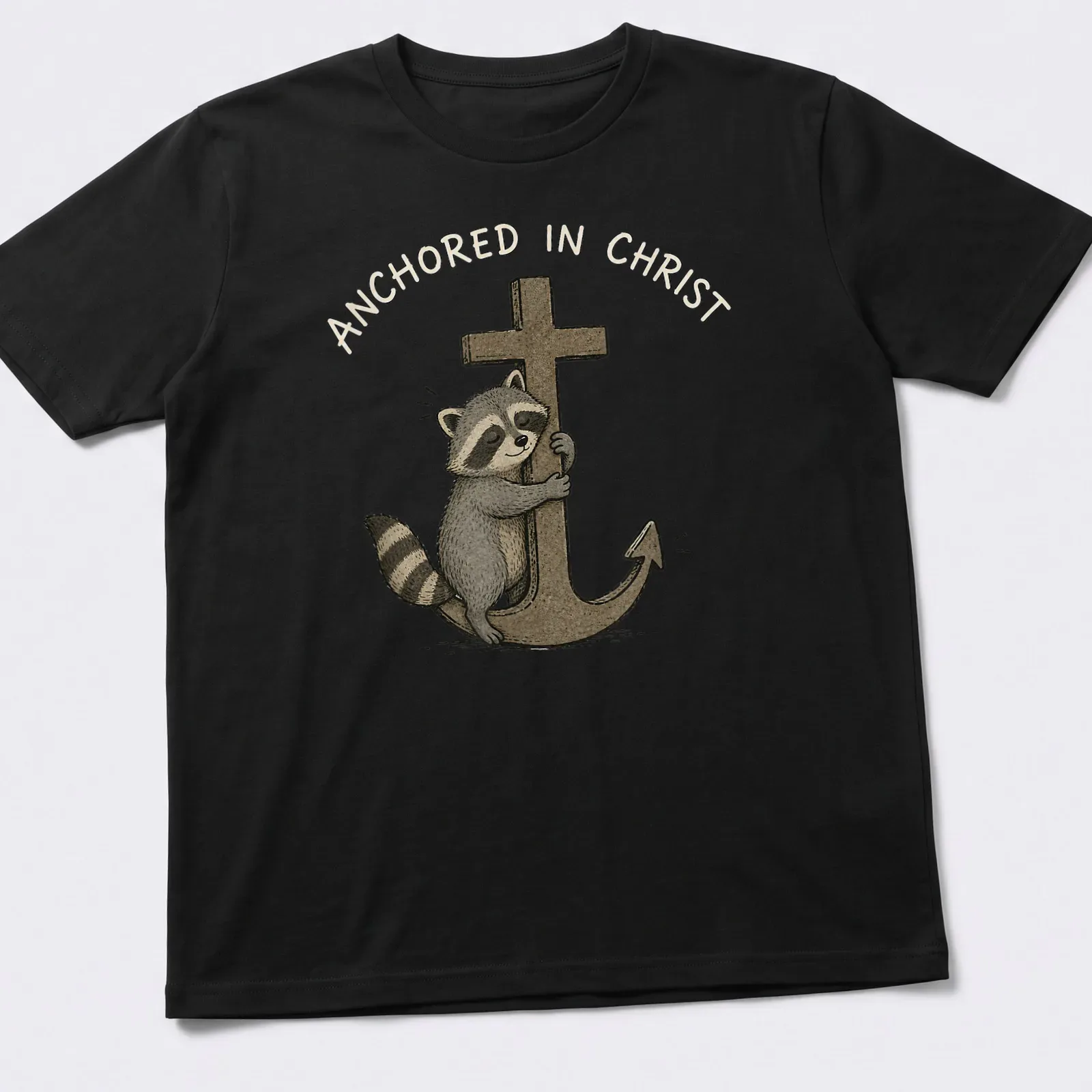 Kawaii illustration of a cute raccoon hugging an anchor with text Anchored in Christ — printed on a unisex t-shirt
