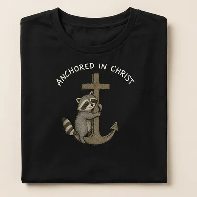 Kawaii illustration of a cute raccoon hugging an anchor with text Anchored in Christ — printed on a women's shirt