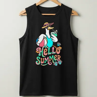 Retro T-shirt featuring a cute swan and the text 'HELLO SUMMER' in bright colors — printed on a tank top